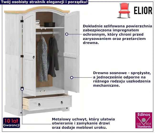 Sosnowa szafa z drążkiem i szufladą biały + miodowy brąz - Emaro 4X
