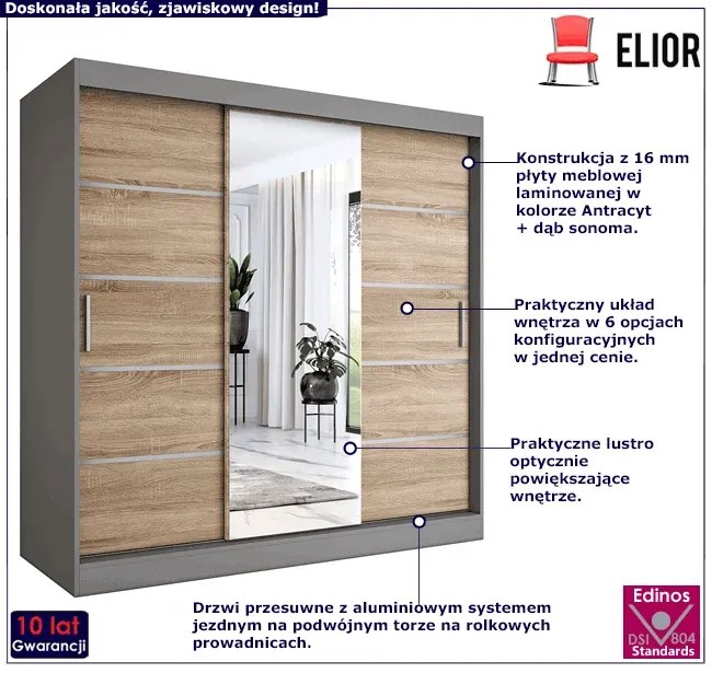 Szafa przesuwna 200 cm antracyt + dąb sonoma - Marmos 6X
