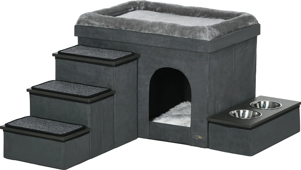 PawHut Dom dla kota z 3 schodami, 2 miskami, 70 x 50 x 51 cm, Szary