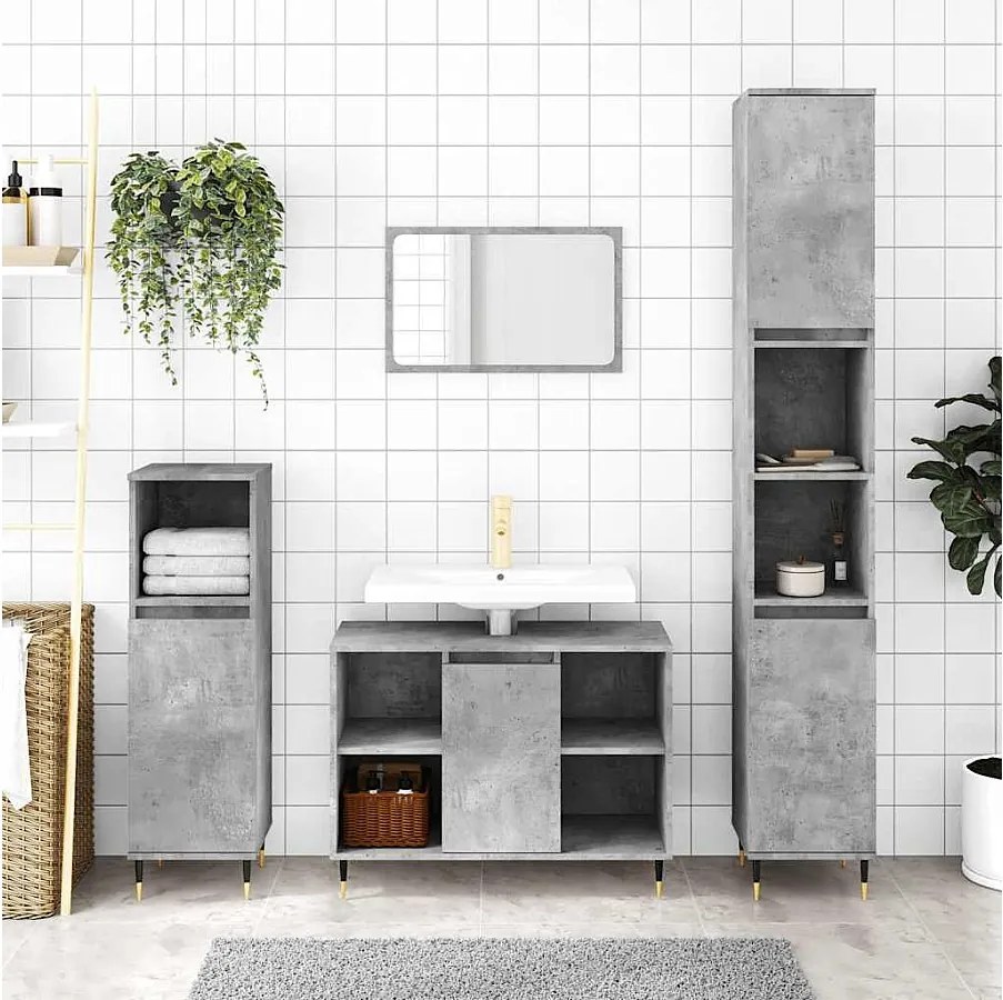 Szafka łazienkowa w kolorze szary beton 30x30x100 cm z dużą przestrzenią do przechowywania i żelaznymi nogami