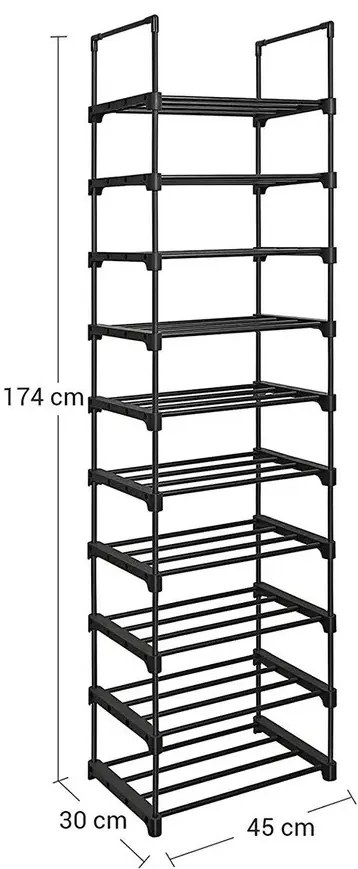 SongmicsHome Półka na buty TUBE, 10 półek, 45x30x174cm, czarna