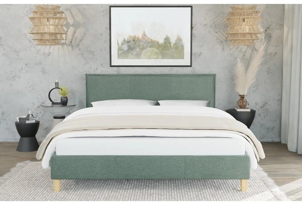 Zielone tapicerowane łóżko dwuosobowe ze stelażem 160x200 cm Tina – Ropez