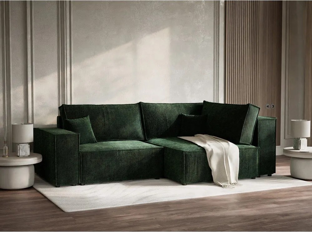 Ciemnozielony rozkładany/ze schowkiem narożnik z tkaniny szenilowej (prawostronny/w kształcie litery L) Tonga – Maison de Rêve