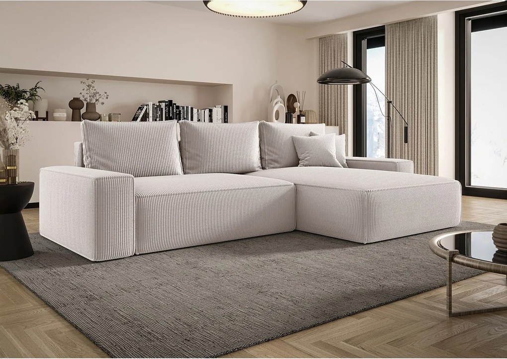 Narożnik MONA z funkcją spania POSO 100 ecru prawy sofa w kształcie litery L z pojemnikiem na pościel kanapa do salonu sofa rozkładana
