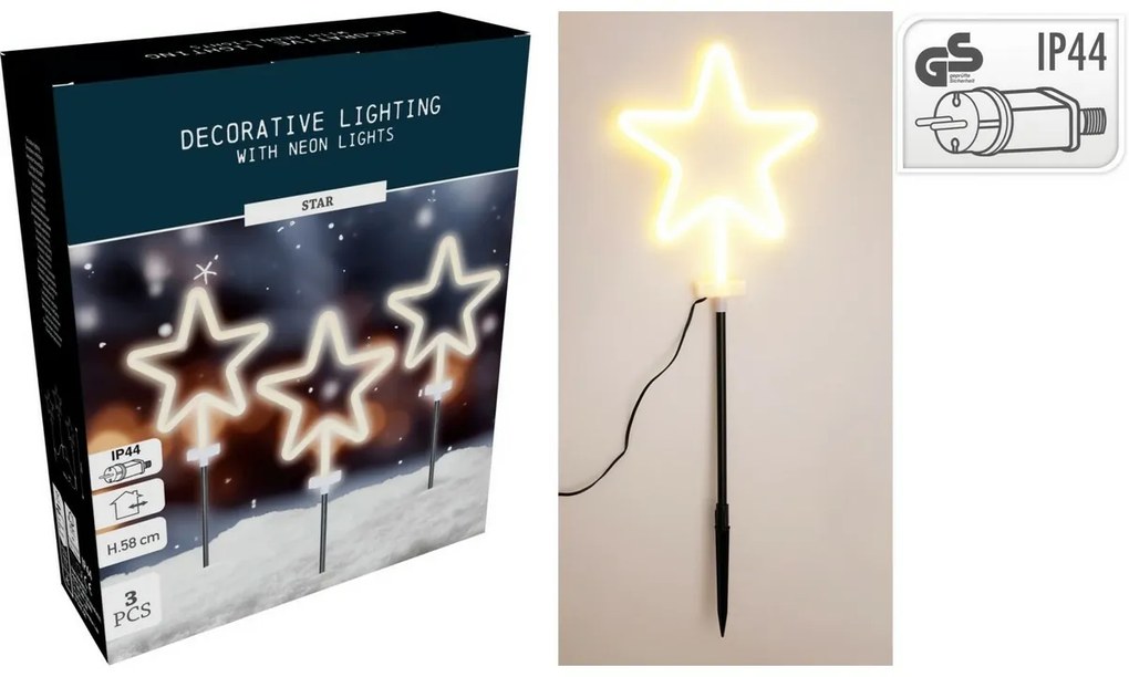 Świąteczne oświetlenie zewnętrzne LED Neonowa gwiazda, zestaw 3 szt., wys. 58 cm