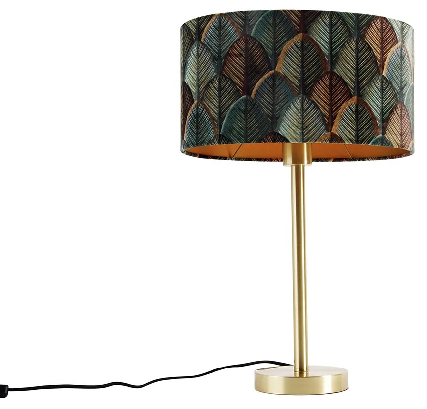 Lampa stołowa mosiężna z owalnym aksamitnym abażurem z motywem liści 35 cm - Simplo