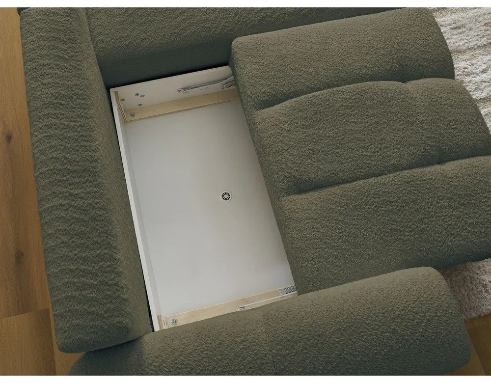 Rozkładany/ze schowkiem narożnik z materiału bouclé (prawostronny/z szezlongiem) w kolorze khaki Roxelane – Bobochic Paris