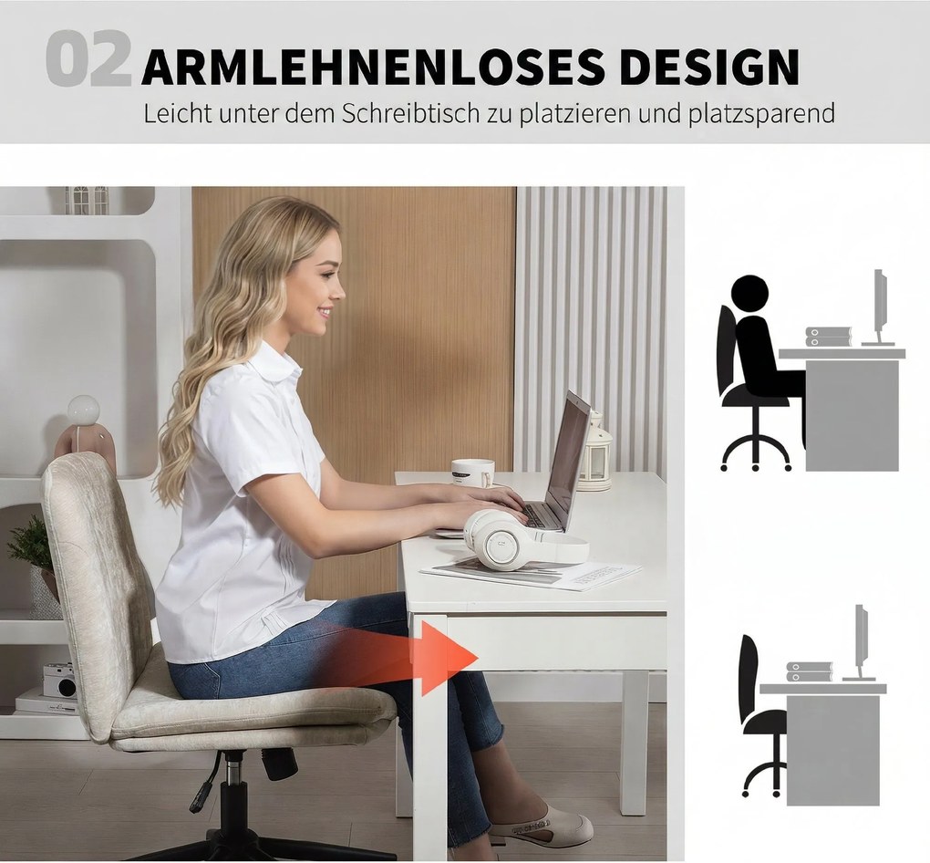 HOMCOM Krzesło do home office krzesło biurkowe o wyglądzie lnu, regulowana wysokość, obrotowe siedzenie po turecku z funkcją bujania, beżowe | Aosom PL