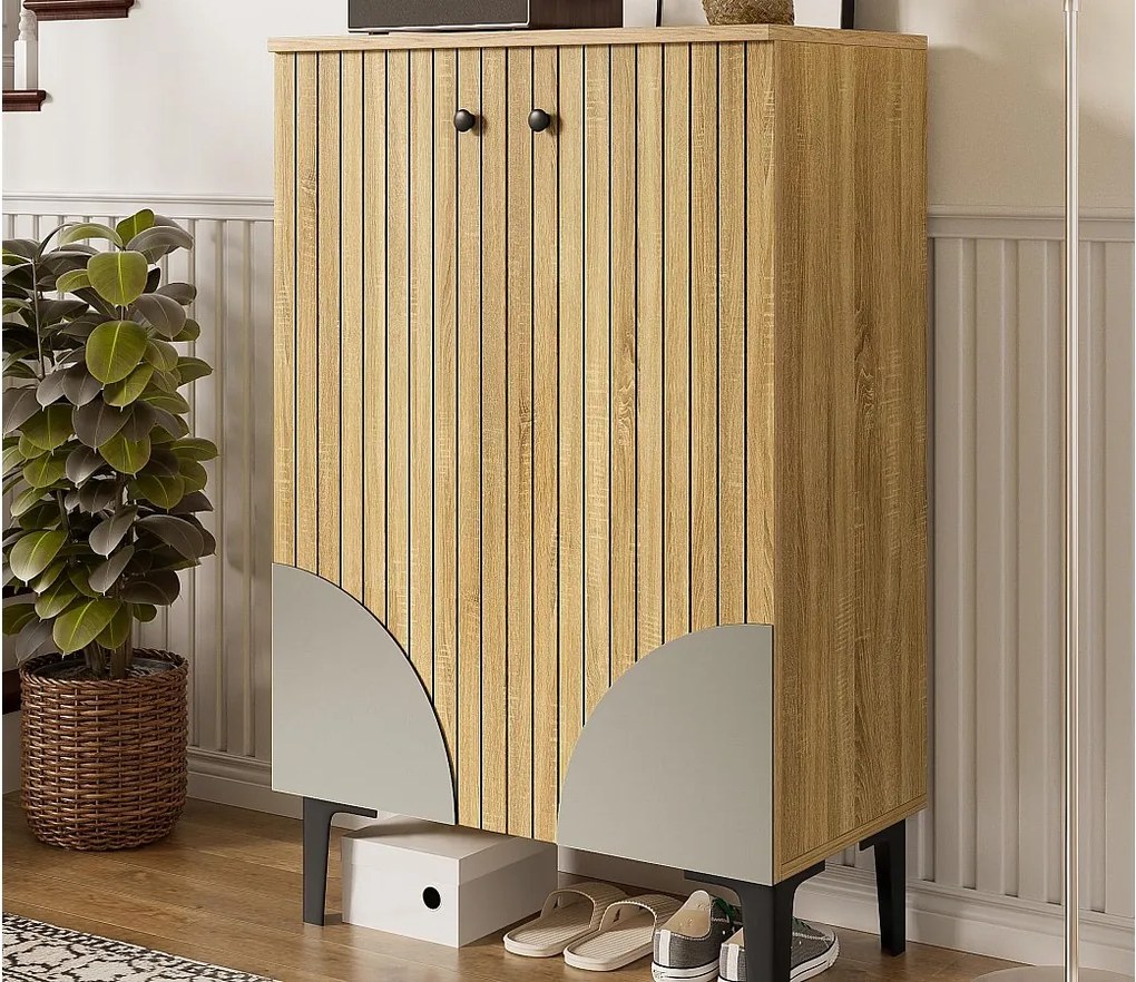 Szafa na buty 60x32x94 cm - 2 drzwi - z 3 półkami - Nóżki metalowe - Naturalny