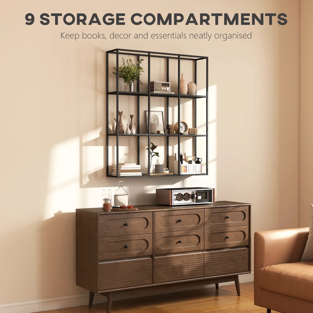 HOMCOM Industrialny Wiszący Regał z 9 Przegrodami, Metalowy Regał na Kolekcje, Idealny do Dekoracji Wnętrz, Czarny | Aosom PL