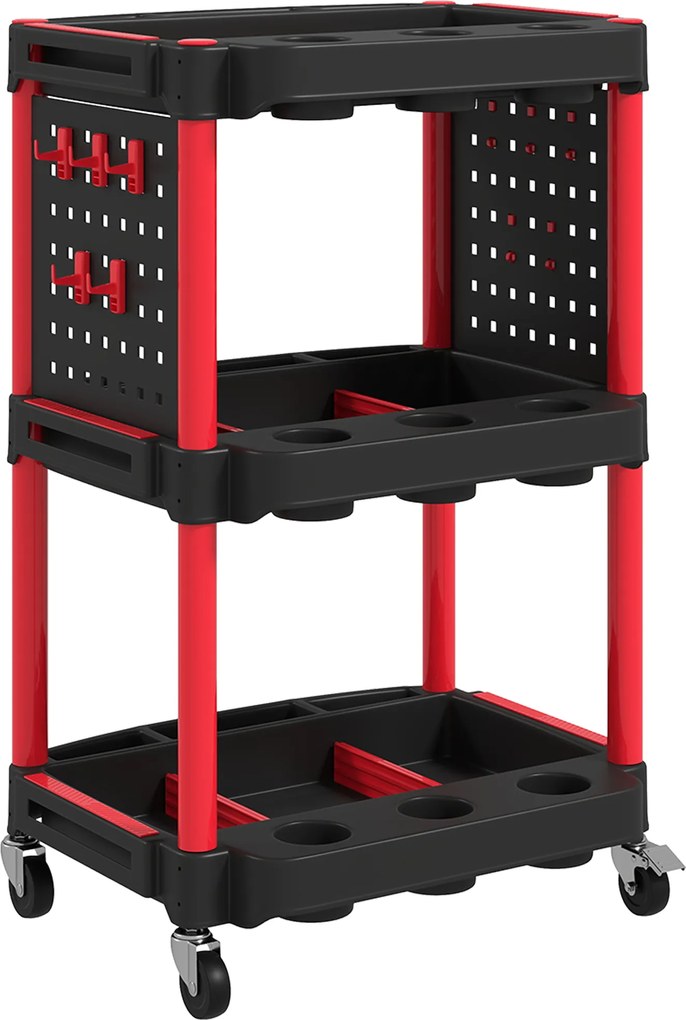 HOMCOM Wózek narzędziowy, trzy poziomy półek, 4 koła, plastik, 10 haków, Czerwony