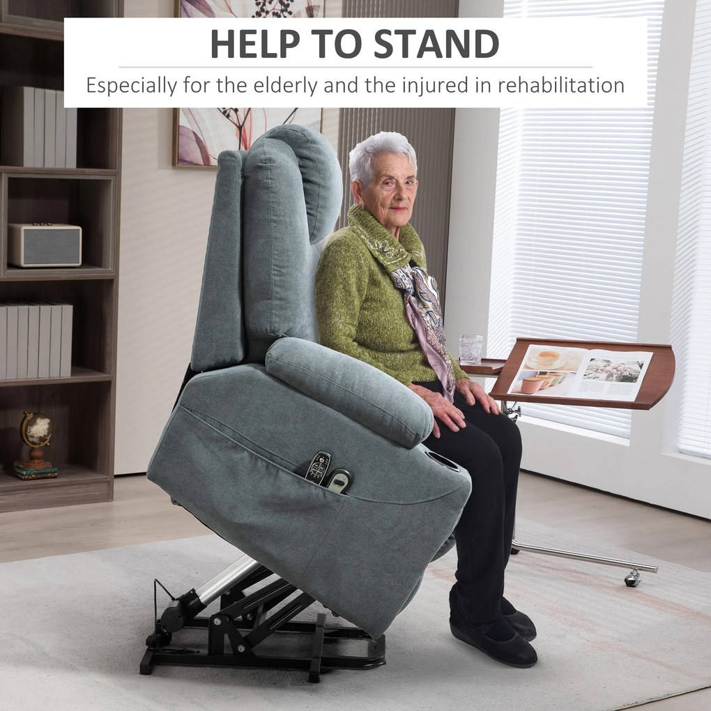 HOMCOM Fotel Masujący z Funkcją Pomocy przy Wstawaniu dla Seniorów, 8 Punktów Masażu, Boczne Kieszenie, Pilot, 90D x 101S x 107W cm, Szary