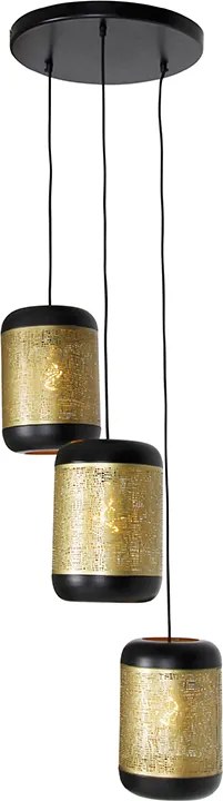 Wisząca lampa vintage czarna z mosiężnym kloszem okrągłym 3-światłowa - Kayleigh