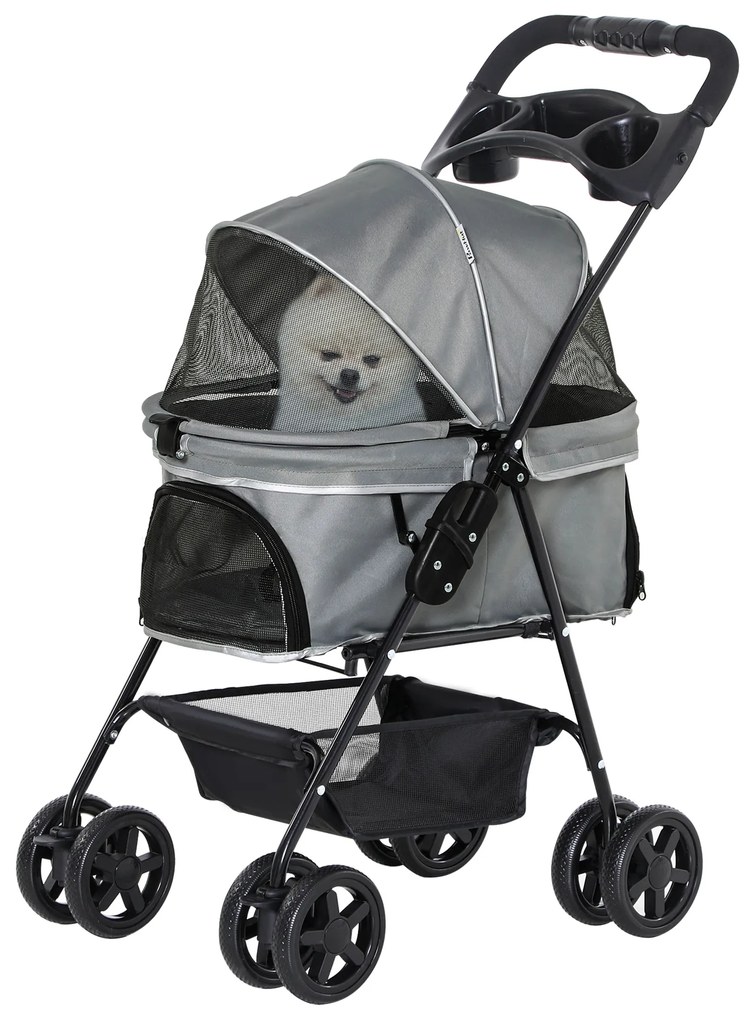 PawHut Wózek dla psa, składany, z oknem z siatki, zdejmowany dach, uchwyt na kubek, koszyk na dole, metalowa rama, szary, 67 x 45 x 96 cm