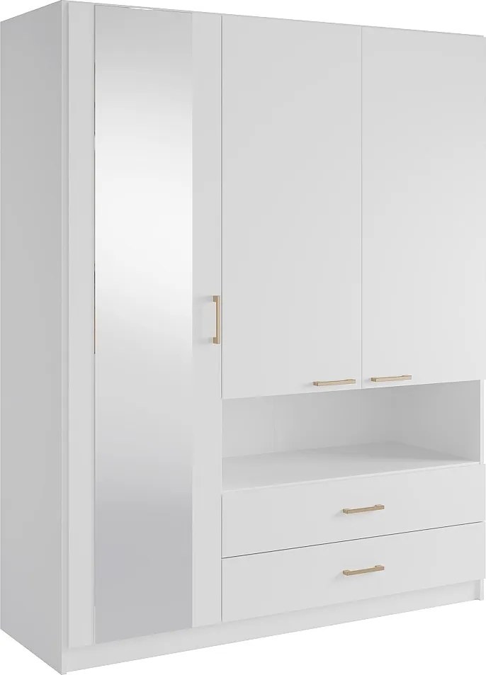 Szafa 3-drzwiowa, 2 szuflady i 1 wnęka – Z lustrem – S160 cm – Biała - LYRIANO