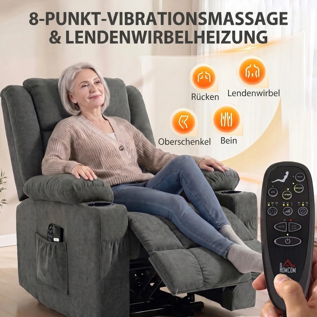 HOMCOM Fotel relaksacyjny z dwoma silnikami i elektryczną funkcją podnoszenia, fotel podnoszący 55° dla seniorów, masaż i ogrzewanie, Ciemnoszary | Aosom PL
