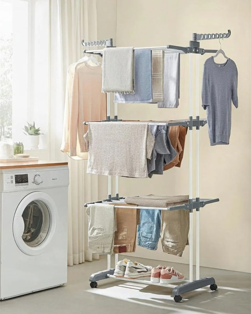 Suszarka na pranie ELTON z 4 poziomami na kółkach, 63,5x128x173cm,biały/szary SongmicsHome