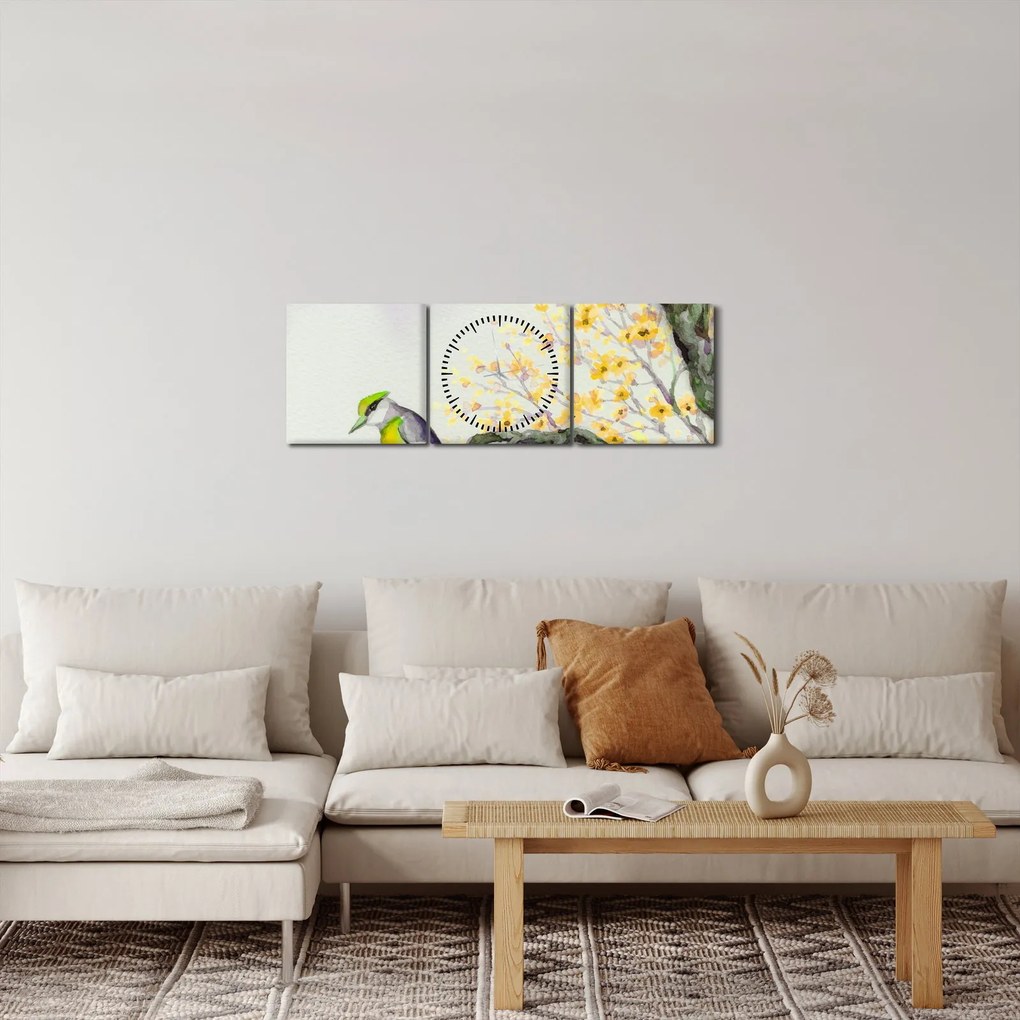 Obraz - Akwarelowy ptaszek na drzewie (z zegarem) (90x30 cm)