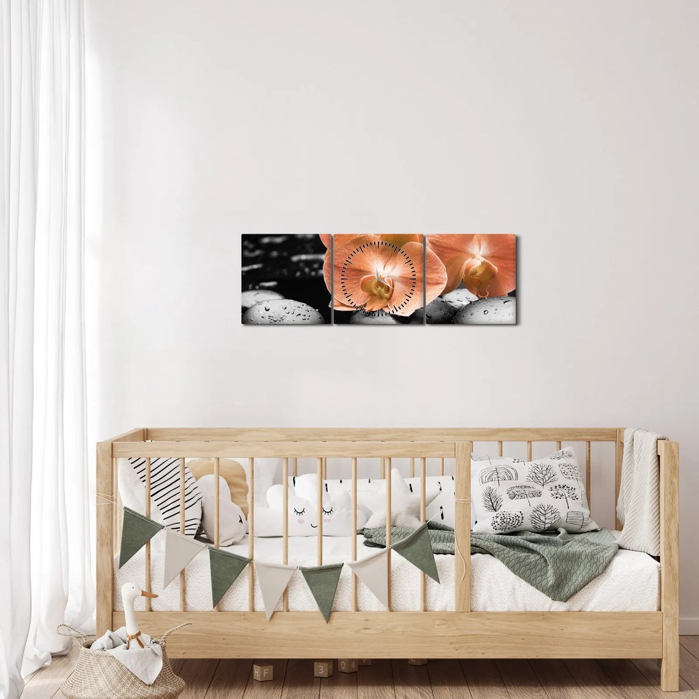 Obraz - Pomarańczowe orchidee (z zegarem) (90x30 cm)
