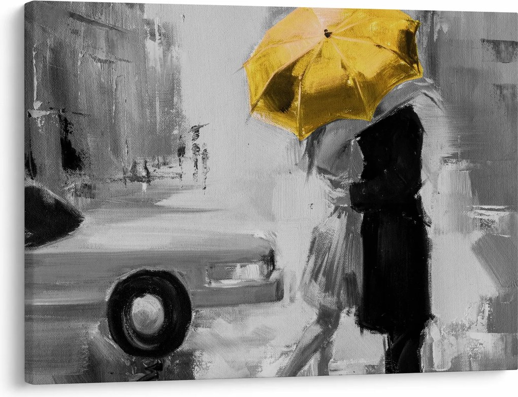 Obraz - Zakochana para pod parasolem, żółty (70x50 cm)