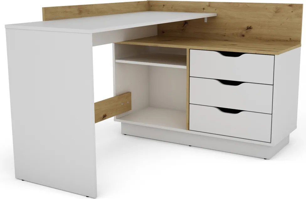 Biurko narożne z kontenerkiem Filo 2, kolor biały mat/dąb artisan, 129 cm