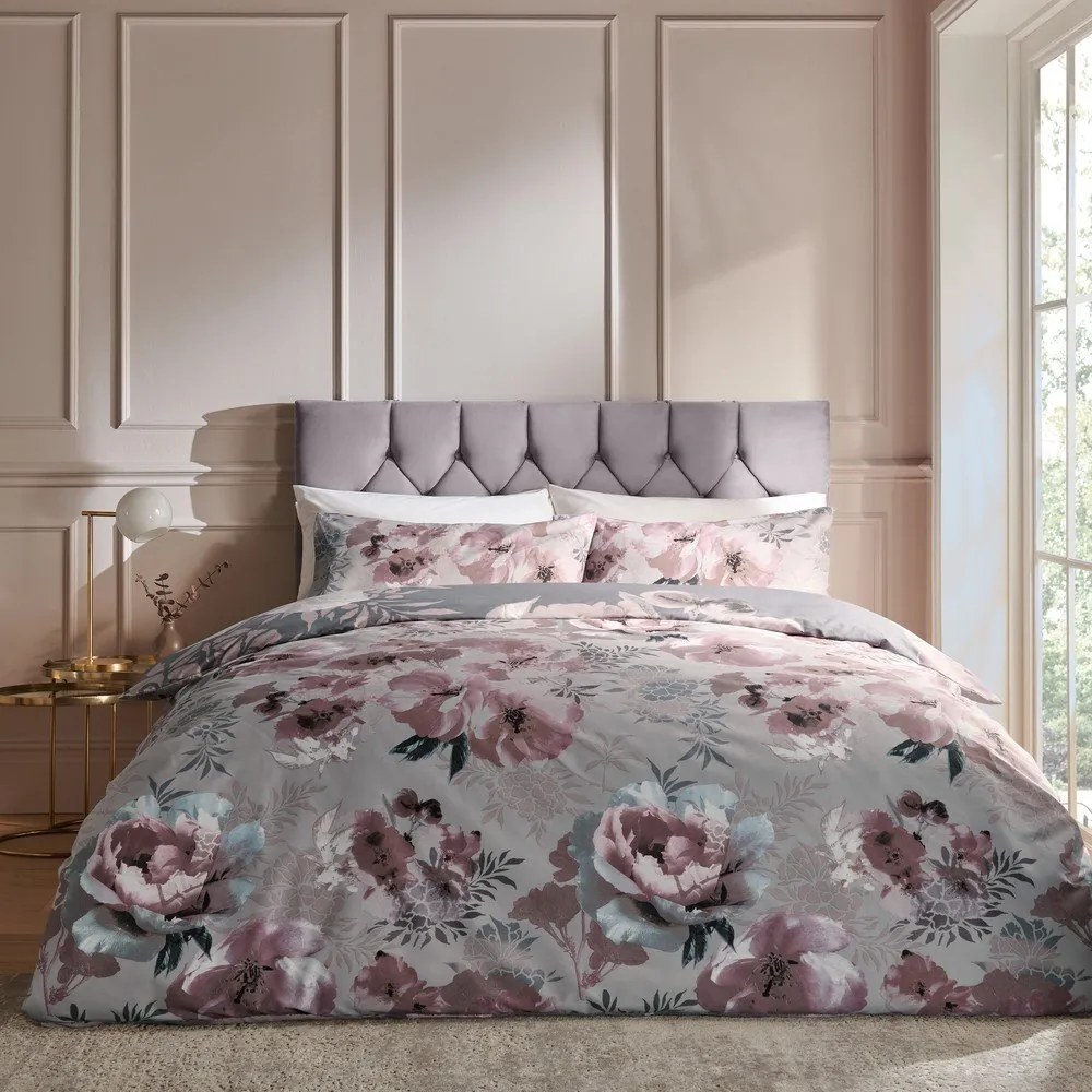 Różowo-szara pościel dwuosobowa 230x220 cm Dramatic Floral – Catherine Lansfield