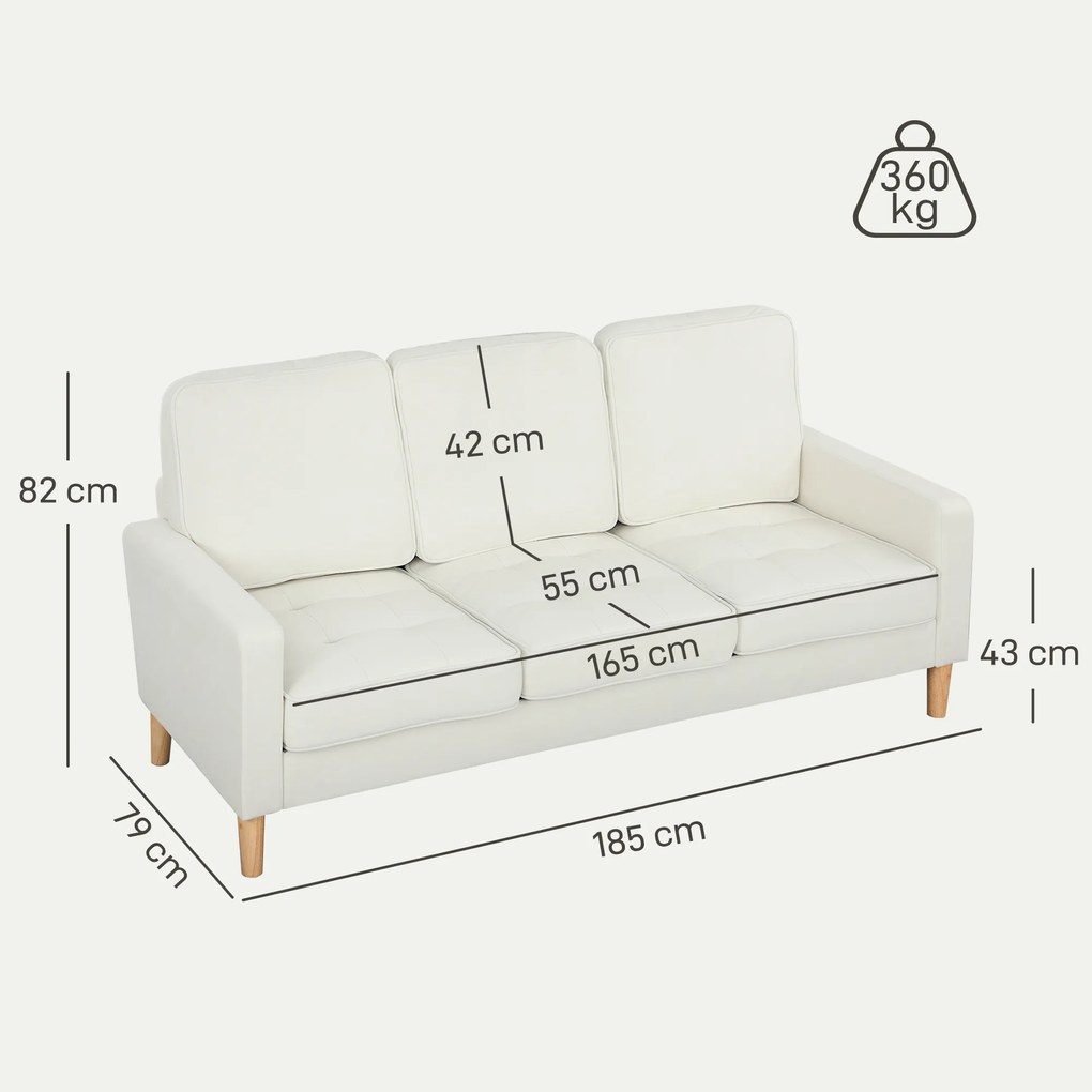 HOMCOM 3-osobowa sofa z grubymi poduszkami, drewno kauczukowe, pokrycie materiałowe, tapicerowana sofa do salonu, biura, sypialni, kremowa