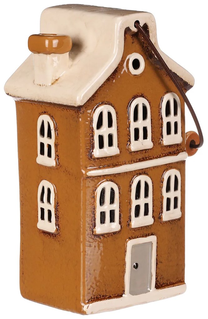 Świecznik Domek z uchwytem brązowy, ceramika, 13 x 10 x 37 cm