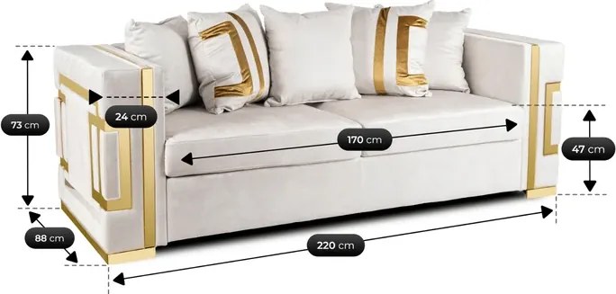 Sofa PALLAZO 3S Trzyosobowa Kremowo/Złota Welurowa Nowoczesna Glamour