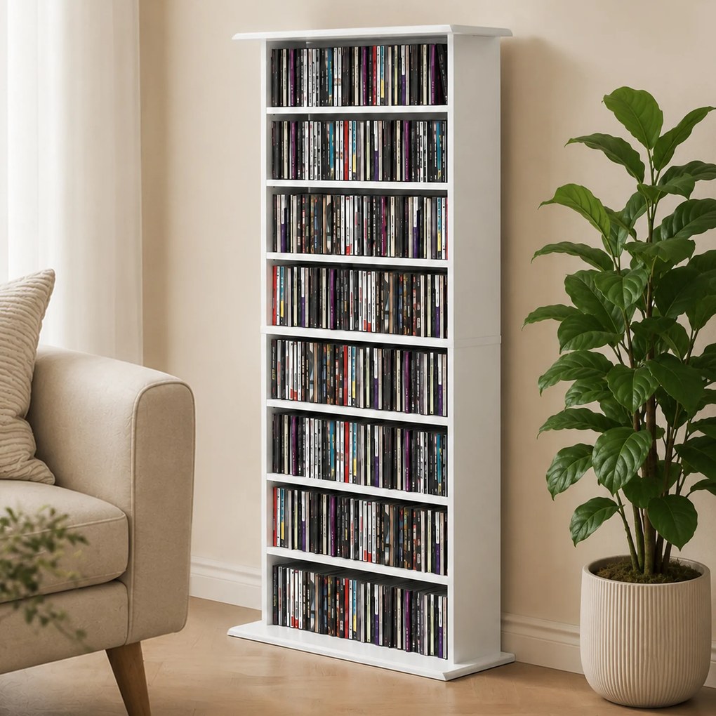 HOMCOM Wąska szafka multimedialna, 8 poziomów, 6 regulowanych półek, 8 przegródek, na 360 płyt CD, biały | Aosom PL