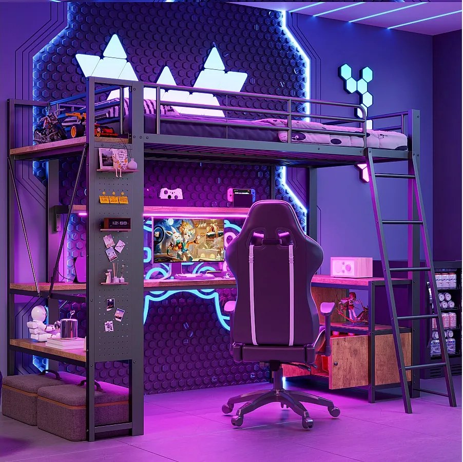 Łóżko piętrowe dla dzieci - 90 x 200 cm - rama żelazna - z diodami LED + biurko + półka + port USB - metalowe - czarne