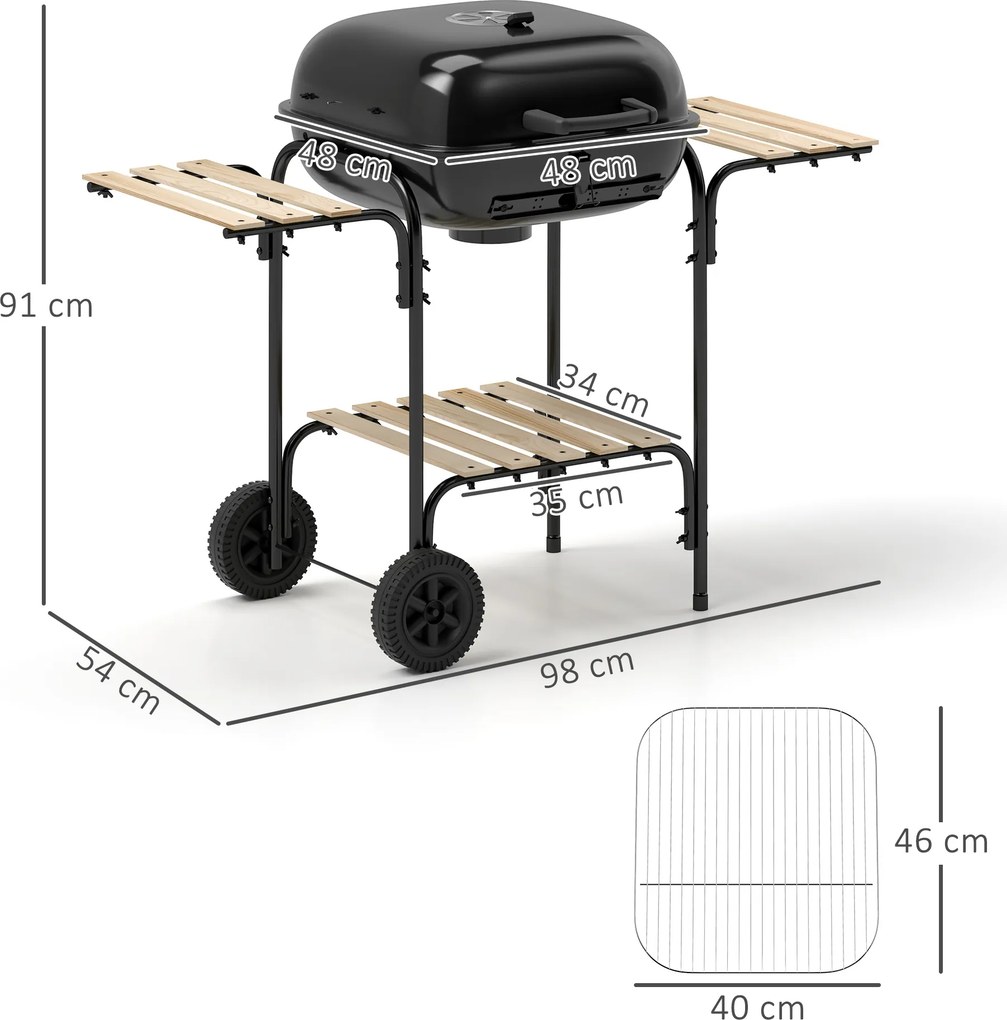 Outsunny Grill węglowy ze stali, przenośny, z zamykaną pokrywą, rusztem, kółkami i półkami, 98 x 54 x 91 cm, czarny | Aosom PL