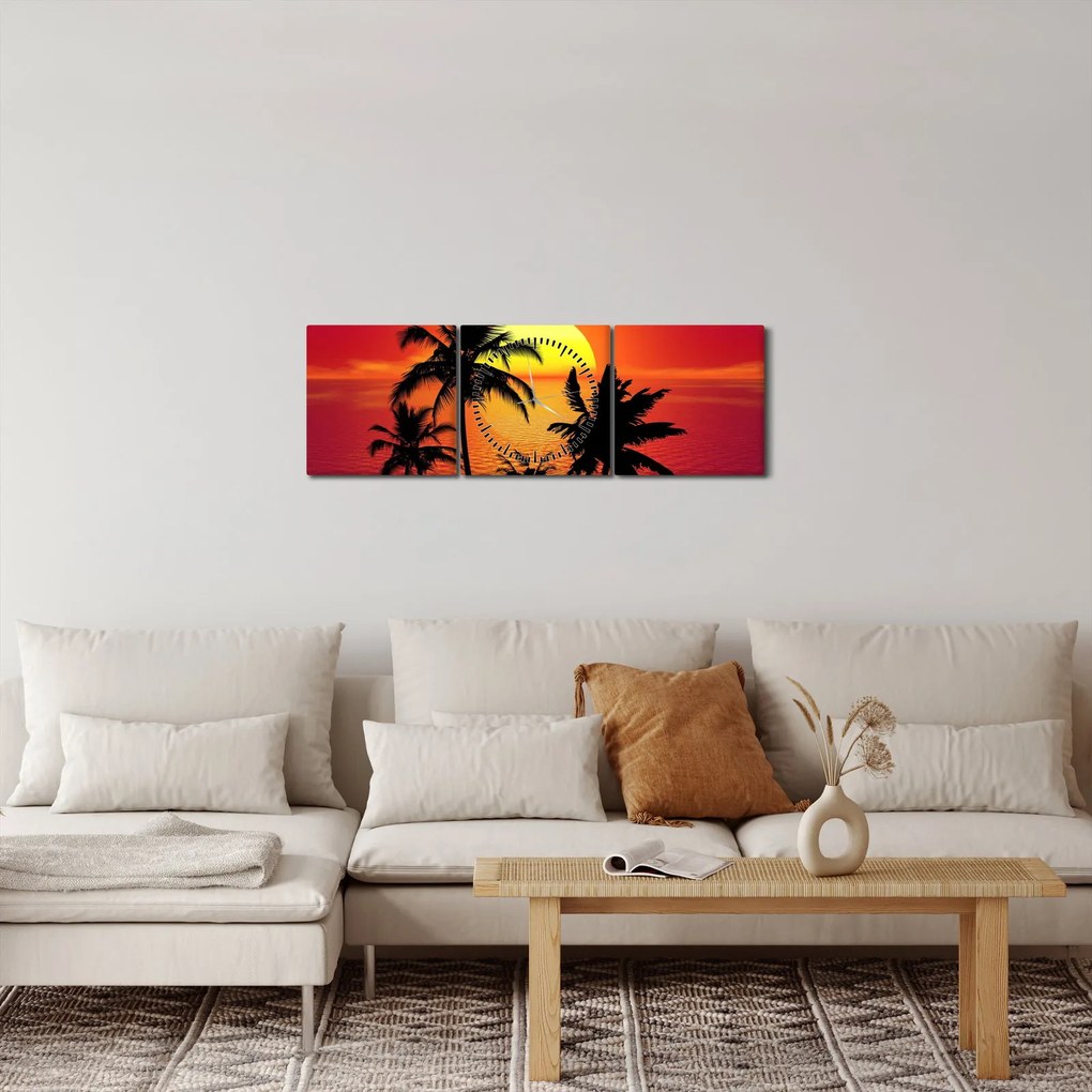 Obraz sylwetki wyspy z palmami (z zegarem) (90x30 cm)