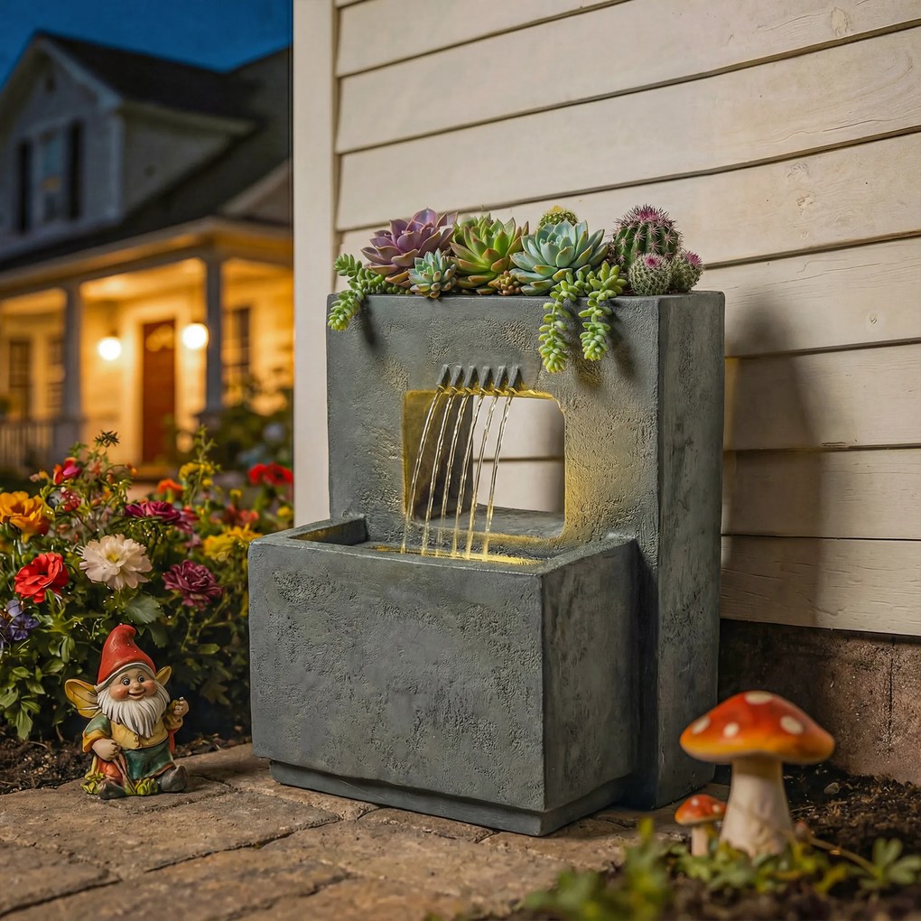 Outsunny Fontanna ogrodowa, 2-poziomowa z oświetleniem LED, donicą, designem kamienia, regulowana, 45 x 31,5 x 58,5 cm | Aosom PL