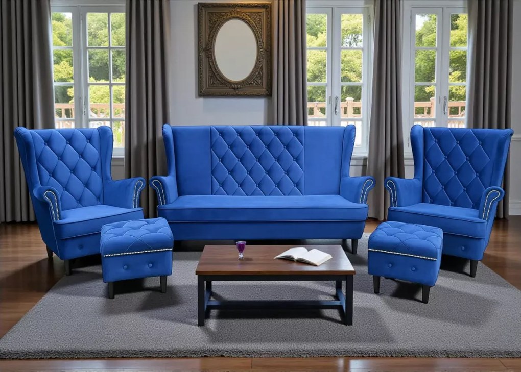 Elegancki tapicerowany zestaw wypoczynkowy - sofa uszak 3 os + 2x Fotel uszak + 2x Podnóżek