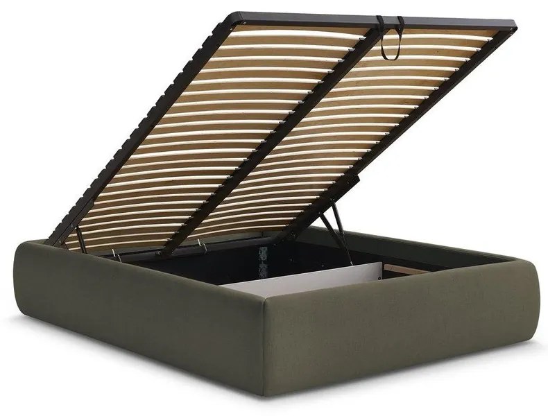 Ciemnozielone tapicerowane łóżko dwuosobowe bez zagłówka ze schowkiem i stelażem 180x200 cm Inera – Bobochic Paris