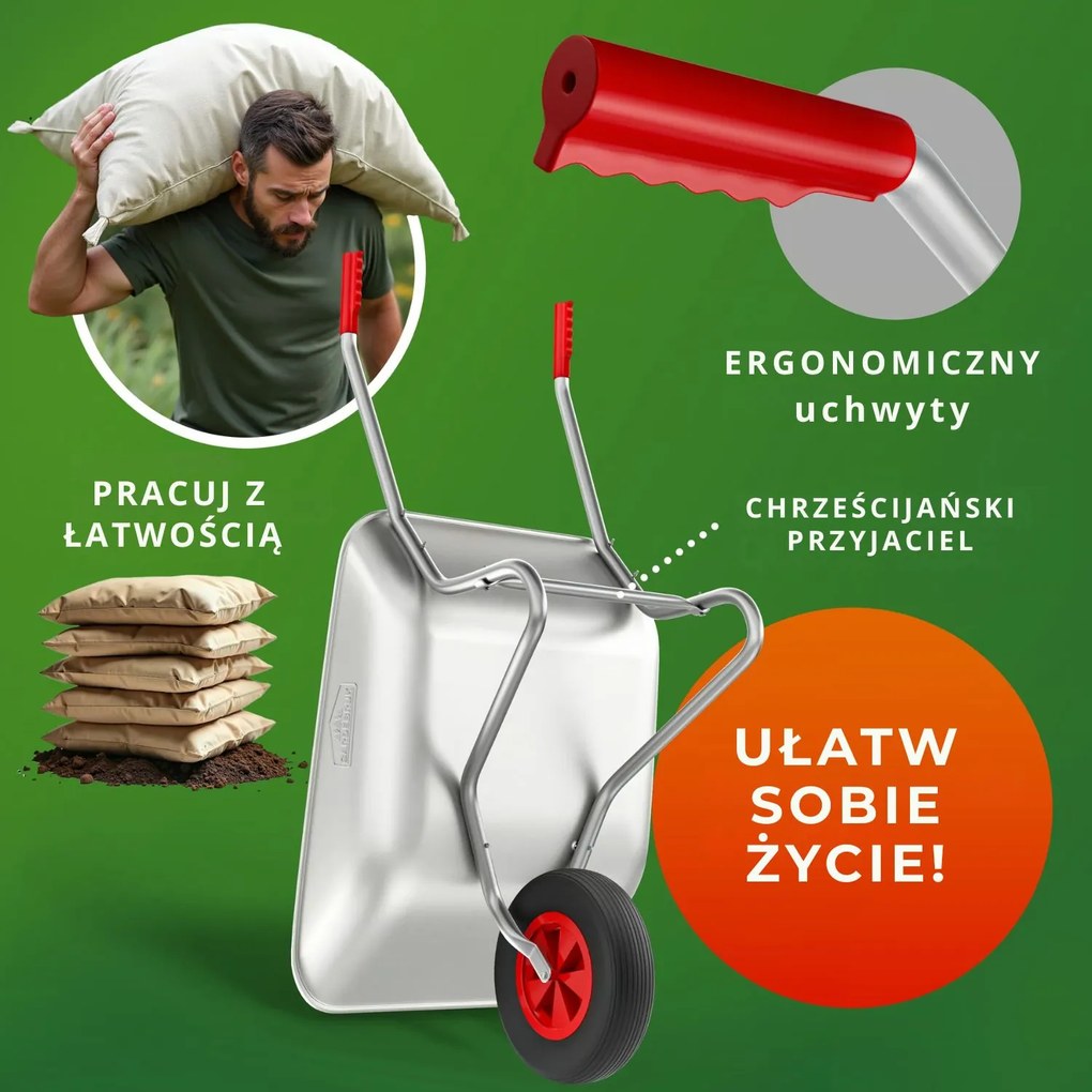 Taczka ogrodowa ocynkowana LARRY, max. pojemność 80l/100kg, srebrna/czarna Gardebruk