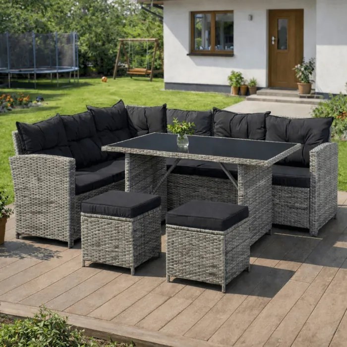 Zestaw Mebli Ogrodowych DALLAS Szary/Czarny Narożnik Pufy Stolik Tarasowy Technorattan Nowoczesny