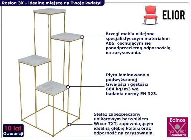 Metalowy stojak na kwiaty złoty + beton C1-L65