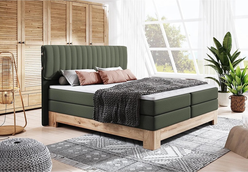 MELIA, Łóżko Tapicerowane na sprężynach kieszeniowych, rama dębowa, elastyczny materac, powierzchnia spania: 140x200 cm, ciemnozielony