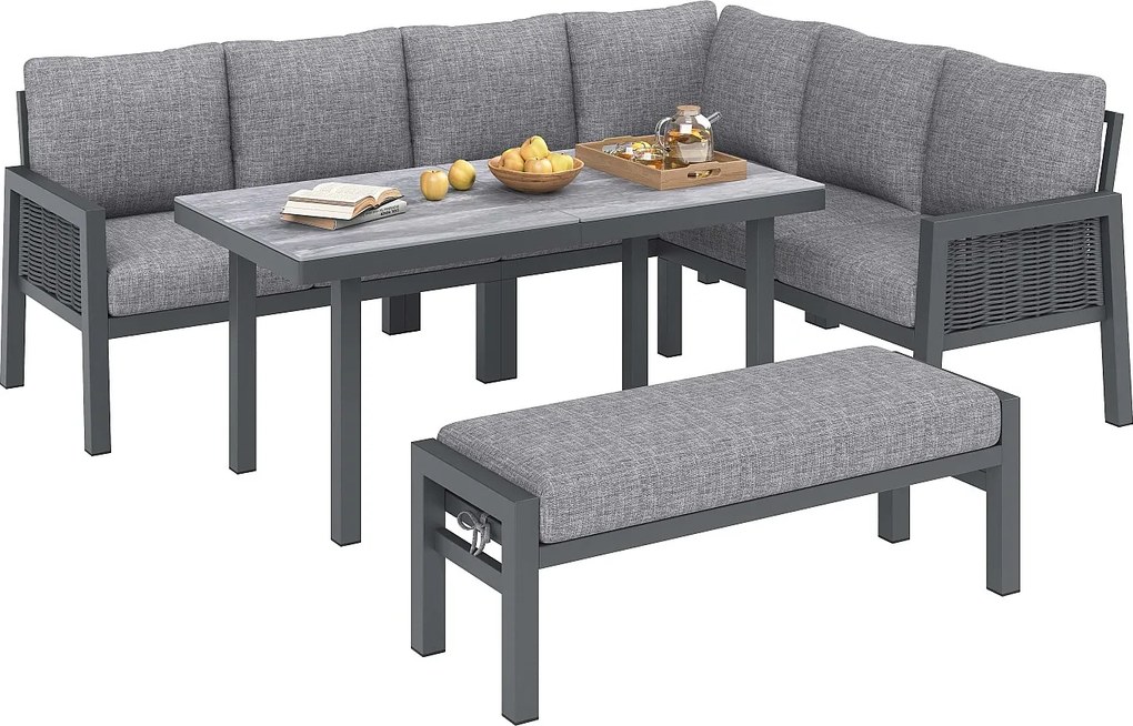 Salon Ogrodowy XL 8 Osób - Zestaw Jadalniany Narożny z Dużym Stołem i Ławką - Ręcznie Pleciony Sznur - Stal Ocynkowana i Szkło - Antracytowy Szary