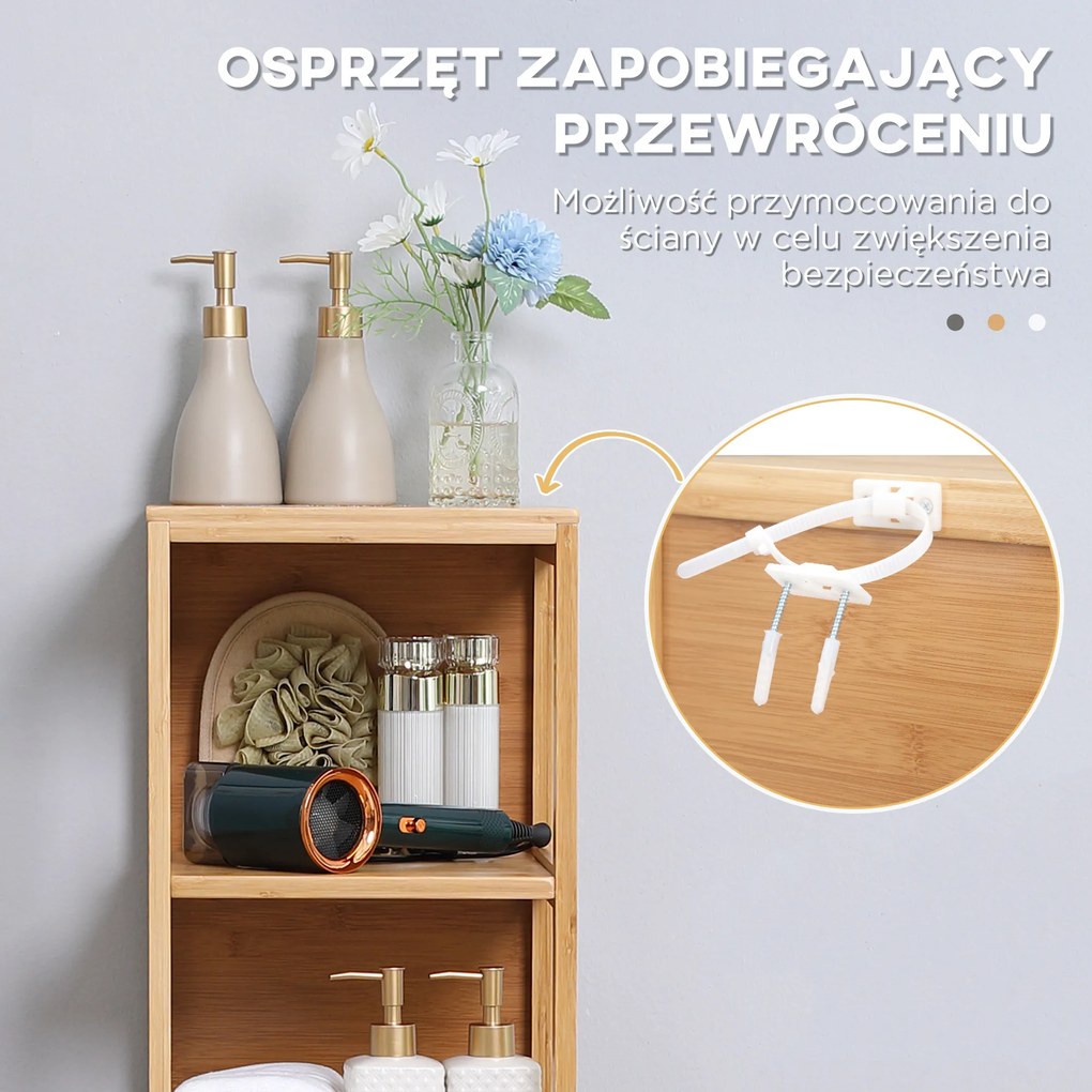 Szafka łazienkowa kleankin, 3 półki, 2 szuflady, bambus, 30 cm x 30 cm x 140 cm, naturalny | Aosom PL