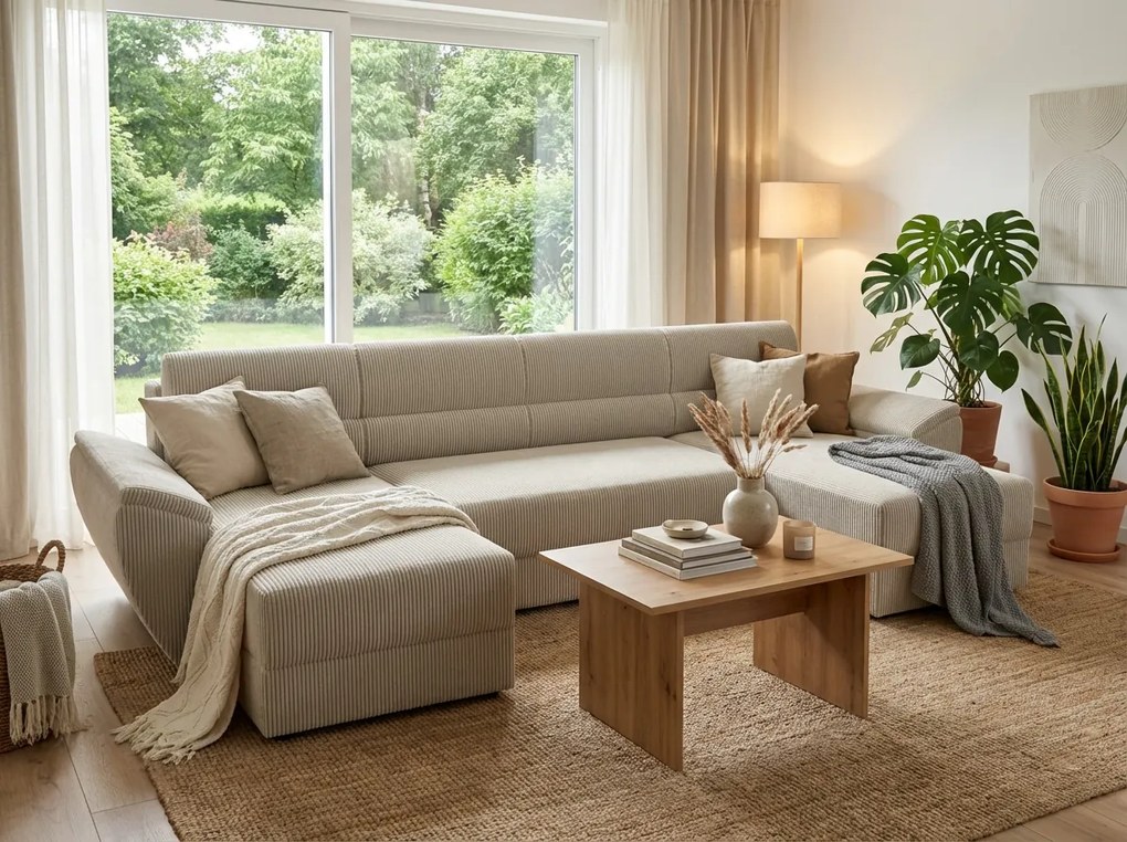 Rozkładana sofa narożna w kształcie U TAVERO 321x140 cm, jasnobeżowa