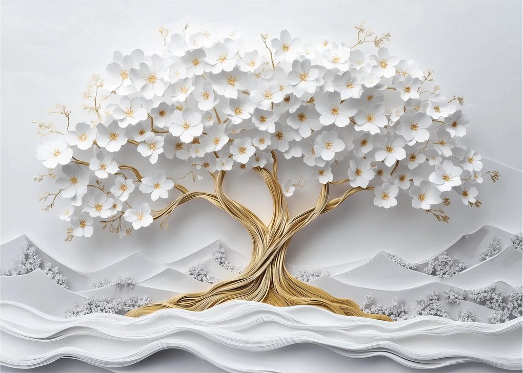 Obraz na szkle – Eleganckie drzewo życia 3D pełne kwiatów (70x50 cm)