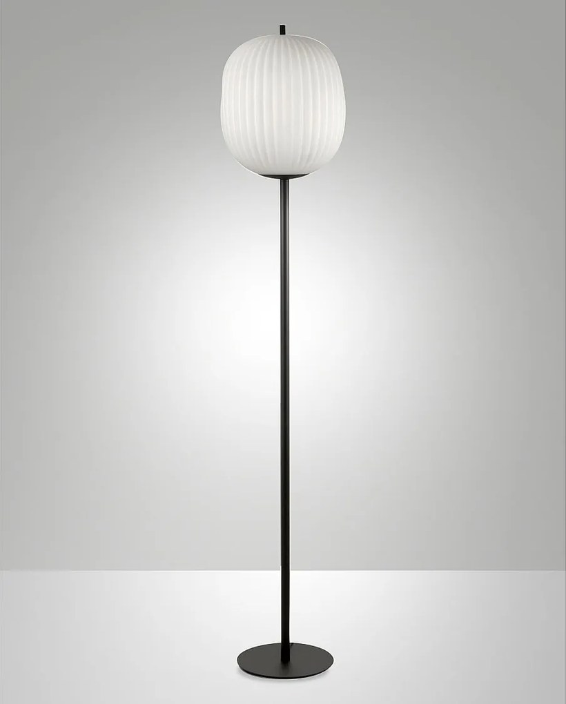 Lampa podłogowa Domizia z metalu i dmuchanego szkła, kolor czarny, oprawka E27 40W, elegancki design, w zestawie ściemniacz natężenia światła