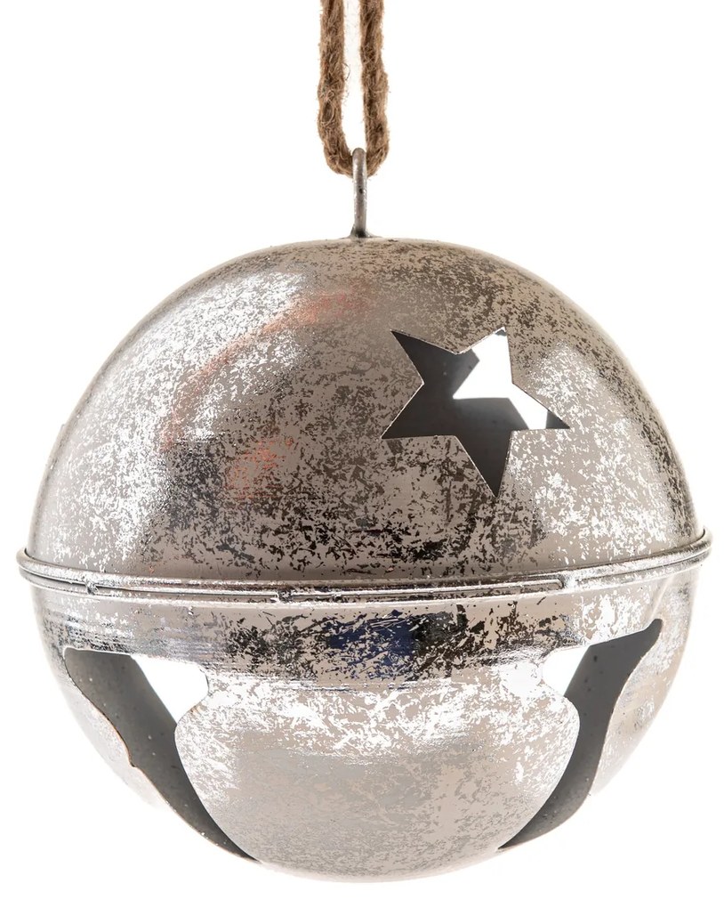 Metalowy zawieszany dzwoneczek o średnicy 15,5 cm,kolor srebrny, rustykalny