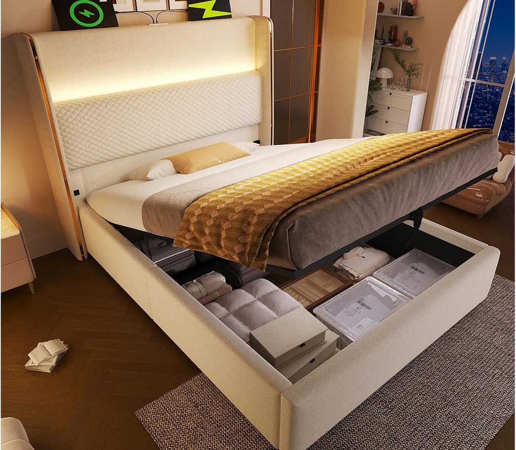 Łóżko z boxem pikowane 90x200 cm - z oświetleniem LED - z portami USB i Type-C - tkanina lniana - Beżowy (bez materaca)