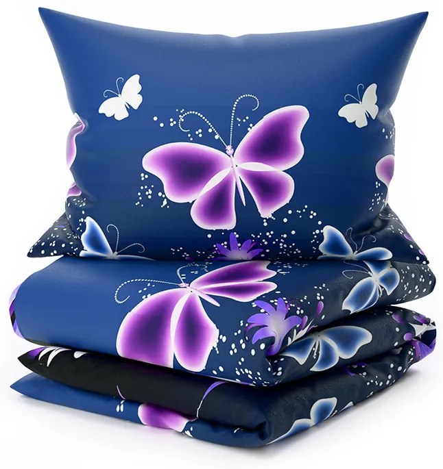 PrzytulneMieszkanie.pl PrzytulneMieszkanie.pl PrzytulneMieszkanie.pl Zestaw pościeli z mikropluszu VIOLET BUTTERFLY ciemnoniebieski + prześcieradło z mikropluszu SOFT 180x200 cm białe, łóżko podwójne