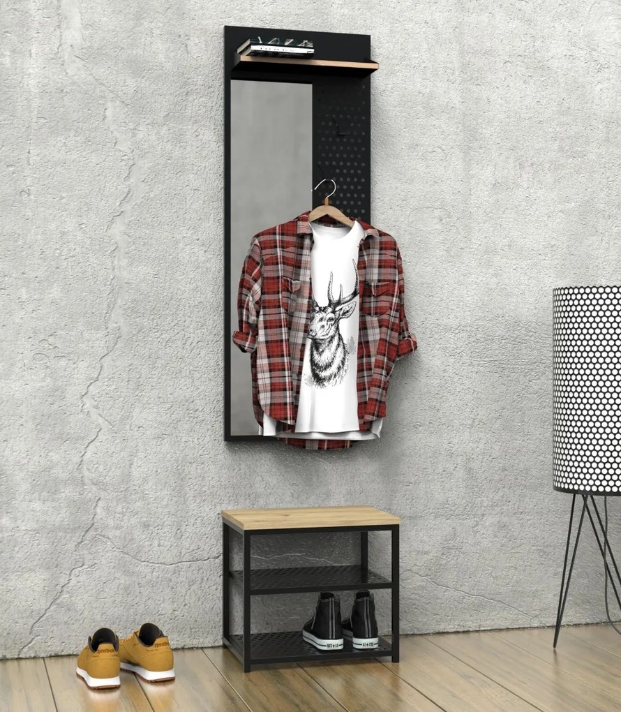 Loftowy taboret z półkami na buty Loft LT1 czarny/dąb wotan