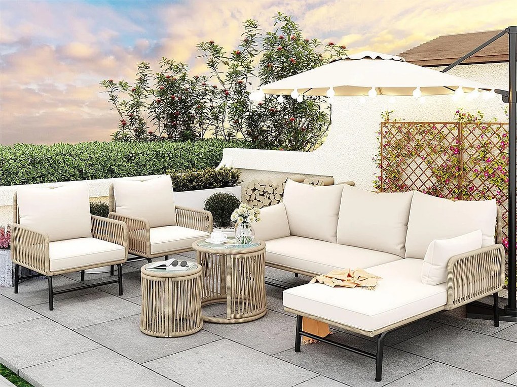 Zestaw mebli ogrodowych z żelaza i liny - 2 sofy, 2 fotele i 2 niskie stoliki gniazdujące - ze wszystkimi poduszkami - Beżowy